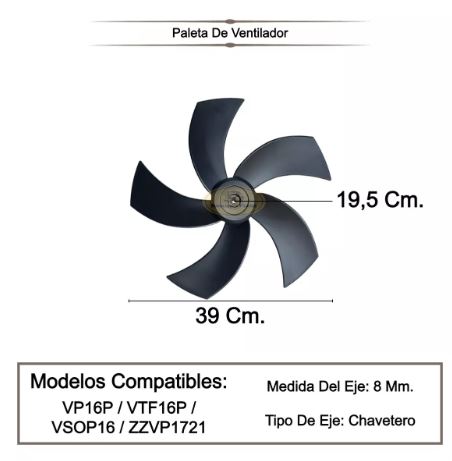 PALA VENTILADOR PUNTA CHATA 5 ASPAS 16 PULGADAS EJE 8 MM