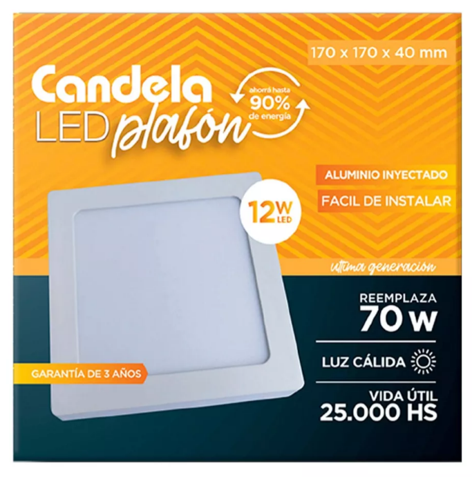 PLAFON LED CUADRADO 12W LUZ CALIDA CANDELA