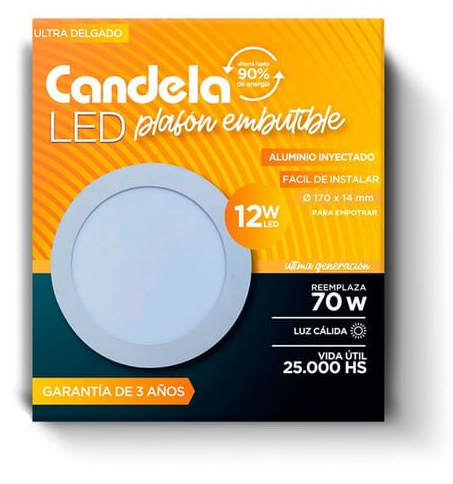 PANEL LED REDONDO DE EMBUTIR 12W LUZ CALIDA CANDELA